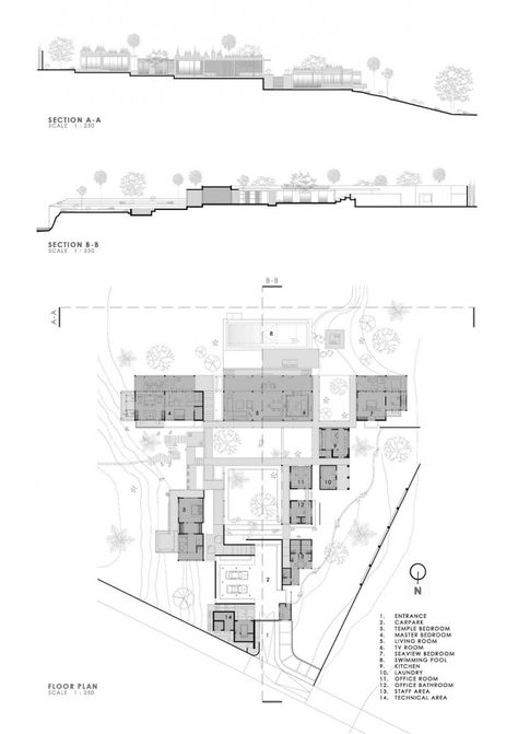 Tantangan Villa / Word of Mouth Architecture -- love the graphics of these sections/ plans Architectural Sheets, Arch Plan, Tropical Villa, Villa In Bali, Architecture Drawing Presentation, Urban Analysis, Architectural Presentation, Architectural Sketches, Architecture Presentation Board