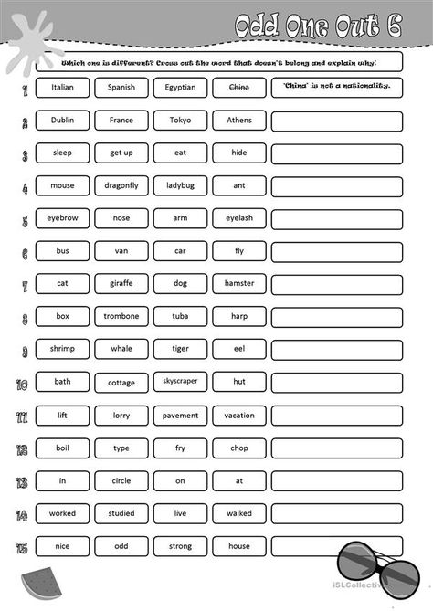 Odd one out 6 - English ESL Worksheets for distance learning and physical classrooms Odd One Out Worksheet For Kids, Worksheet For Class 2, Advance English, Worksheets For Class 1, Homeschool Holidays, Holiday Homework, Spoken English, English Activities, Brain Teaser