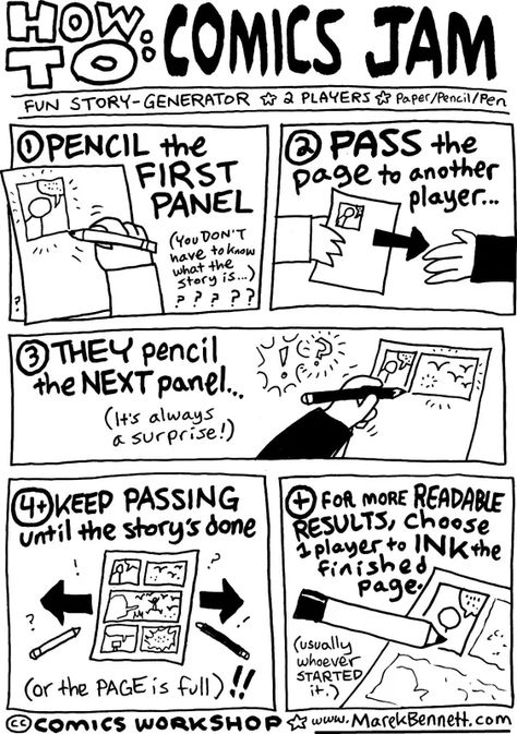 How to COMICS JAM – www.MarekBennett.com Comic Making Tips, Comics To Read, Teen Activities, Art Professor, Story Generator, Storyboard Drawing, Comic Inspiration, Panel Ideas, Drawing Comics