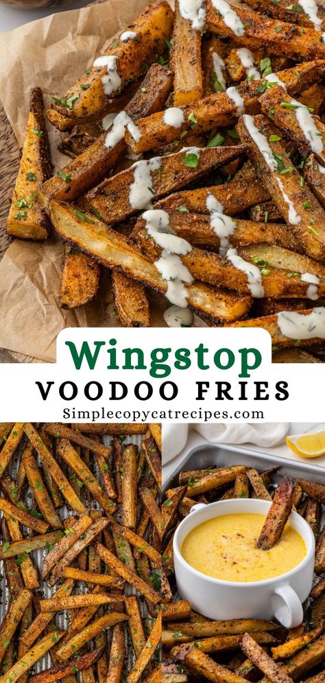 Wingstop Voodoo Fries are a huge fan favorite whether you're serving them as a side dish, snack, or game night appetizer. Enjoy crispy fries in a flavorful blend of spices covered in ranch and a creamy cheese sauce. No Fry Recipes, Seasoned Sour Cream For Waffle Fries, Gourmet French Fries, Burger Dinner Ideas Sides, Simple Savory Snacks, Homemade Loaded Fries, Voodoo Fries Recipe, Newlywed Meals, Fry Toppings