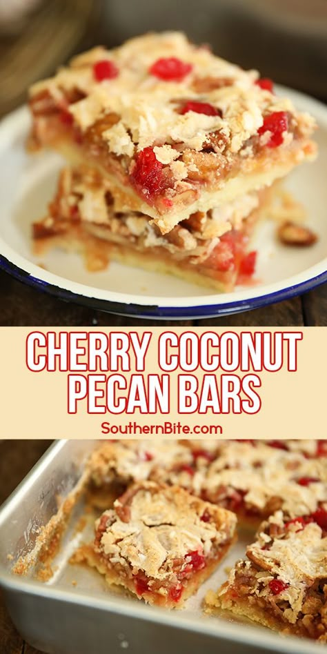 Cherry Coconut Pecan Bars Maraschino Cherry Bars Recipe, Maraschino Cherry Bars, Cherry Coconut Bars, Picnic Potluck, Cherry Bars, Cherry Tea, Butter Pecan Cake, Deserts Easy, Christmas Shortbread