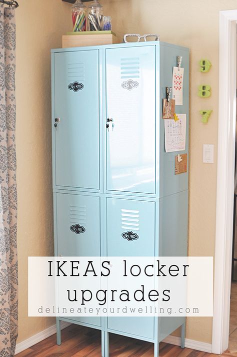 See how to best organize and update your metal IKEA lockers!  Tips for what to store in your lockers and what containers are best to use. Delineate Your Dwelling #IKEAlockerorganization #lockerorganization Using Lockers In Home, Salon Locker Ideas, Lockers In Classroom, Locker For Bedroom, Lockers In Bedroom, Kids Lockers For Home, Ikea Locker Hack, Closet Locker Ideas, Home Store Ideas