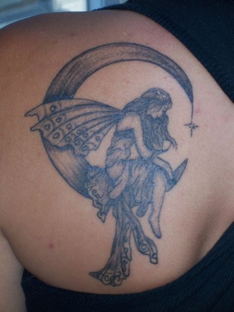 1345928287_Tinkerbell-Tattoos-Designs-064 Single Line Tattoo, Crescent Moon Tattoo, Fairy Tattoo Designs, Meaningful Tattoos For Women, Moon Tattoo Designs, Small Meaningful Tattoos, Fairy Tattoo, Temporary Tattoo Designs, Wings Tattoo