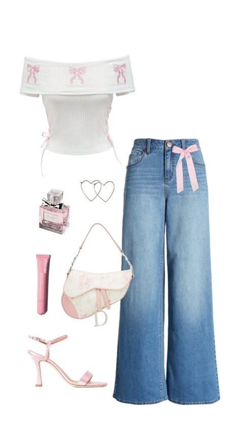 #pink #outfit #fashion #ootd #fyp #inspo #outfitinspo #aesthetic #viral Pink Top And Jeans Outfit Classy, Simple Outfit For Concert, Girly Glam Outfits, Pastel Outfit Ideas Classy, Pink Shirt Outfit Ideas, Casual Coquette Outfit, Stardew Outfits, Aesthetics Shoes, Pink Shirt Outfit