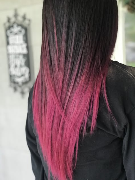 Brunette With Pink Balayage, Pink Hair Tips Black, Long Colored Hair With Bangs, Dark Hair With Pink Balayage, Brown To Hot Pink Ombre Hair, Black Pink Ombre Hair, Dark Brown To Pink Hair, Dark Brown Hair With Pink Tips, Pink Balayage Brunette Straight Hair