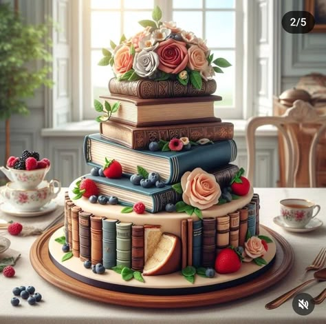 Interesting Cakes Design, Book Cake Ideas Birthday, Book Cake Design, Birthday Cake Aesthetic Vintage, Book Themed Cake, Library Cake, Birthday Cake Aesthetic, Torte Creative, Book Cakes