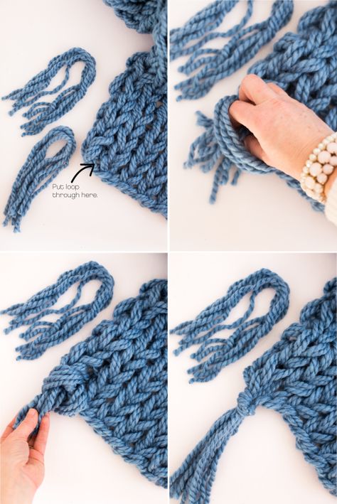 arm knit tassel scarf instruction                                                                                                                                                     More Arm Knit Scarf, Arm Knitting Scarf, Loom Scarf, Arm Knit, Arm Knitting Blanket, Finger Crochet, Scarf With Tassels, Crazy Quilting, I Cord