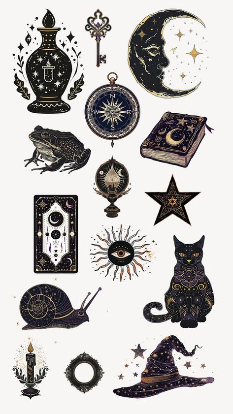 Editable mystical art illustration design element set | premium image by rawpixel.com / Teddy Witchy Moon Phases, Astrology Illustration, Astrology Stickers, Mystical Elements, Magic Stickers, Collage Creator, Black Cat Art, Diary Ideas, Awesome Designs