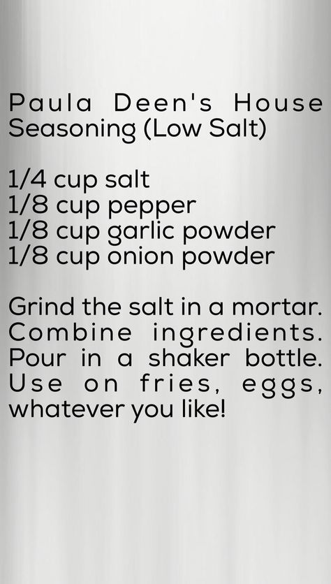 My low salt, small batch version of Paula Deen's House seasoning. Makes a great multipurpose seasoning for adding to French fries, scrambled eggs, or any dish that you want a little more than just salt & pepper. Paula Deen Seasoning, Paula Deen Seasoning Recipe, House Seasoning Recipe, House Seasoning, Homemade Dry Mixes, Dry Rub Recipes, Cooking Substitutions, Homemade Spice Mix, Dry Mixes