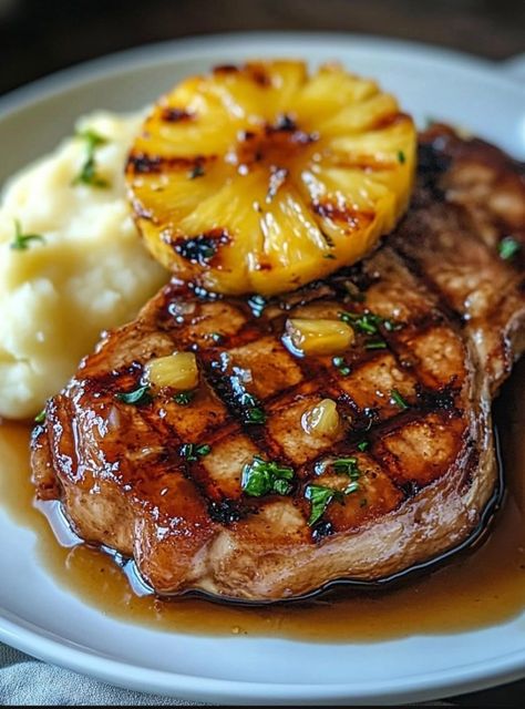 Health meal, low carbs meals, keto meal Fried Pork Chops Dinner, Orange Glazed Pork Chops, Pork Chop Recipes Sides, Pork Chop With Sauce, Brown Sugar Pineapple Pork Chops, Pork Chops With Pineapple Recipes, Pork Chop Pineapple Recipes, Pork And Pineapple Recipes, Pork Chops Pineapple