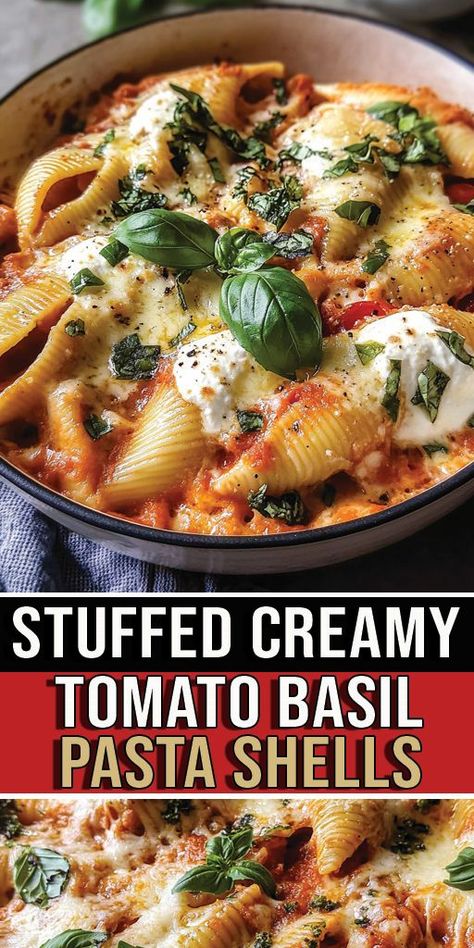 Stuffed Creamy Tomato Basil Pasta Shells Ingredients: 4 cups heirloom tomatoes, quartered 1 onion, chopped 3 cloves garlic, minced 3 sprigs fresh thyme 2 tablespoons butter Salt and pepper, to taste Red chili flakes, to taste 1/2 cup heavy cream (optional) 12 ounces jumbo pasta shells 1 cup ricotta cheese 1 cup shredded provolone cheese 1/2 cup basil pesto (plus more for topping) 2 cups shredded mozzarella cheese Fresh basil leaves, for garnish #pasta #easyrecipes #camilarecipes Creamy Tomato Basil Pasta, Roasted Heirloom Tomatoes, Fresh Basil Pesto, Tomato Mozzarella Basil, Mozzarella Pasta, Jumbo Pasta Shells, Tomato Basil Pasta, Basil Pasta, Pasta Shells