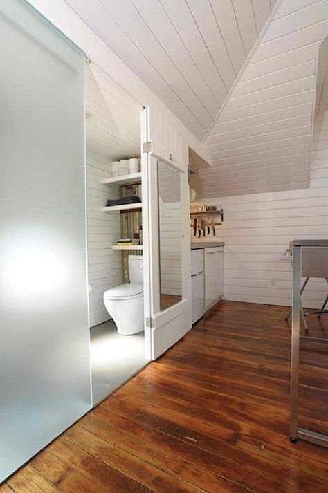 Hidden Toilet, Sliding Door Design, Attic Bathroom, Bathroom Closet, Attic Renovation, Attic Remodel, Tiny Bathrooms, Attic Rooms, Wooden Floor