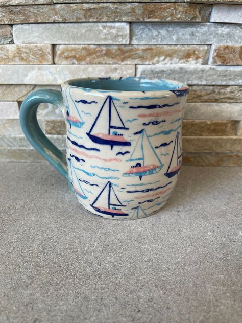 Sailboat Mug in Blues - Etsy Beach Themed Pottery Painting, Pottery Painting Ideas Ocean, Sailboat Pottery, Coastal Mug, Nautical Mug, Dad Mug, Stoneware Mugs, Painted Pots, Pottery Painting