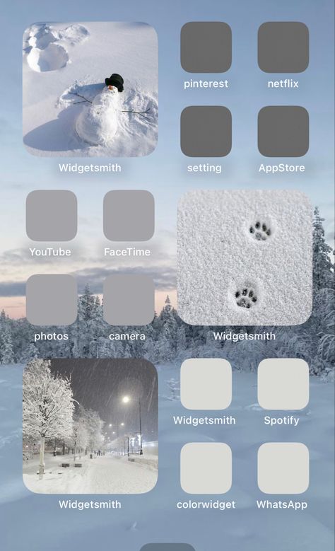 January Ios Homescreen, January Home Screen Ideas, Winter Themed Home Screen, Winter Homescreen Aesthetic, Ios 16 Home Screen Ideas Winter, Winter Iphone Theme, Winter Home Screen Ideas, Winter Homescreen Layout, Winter Homescreen Ideas