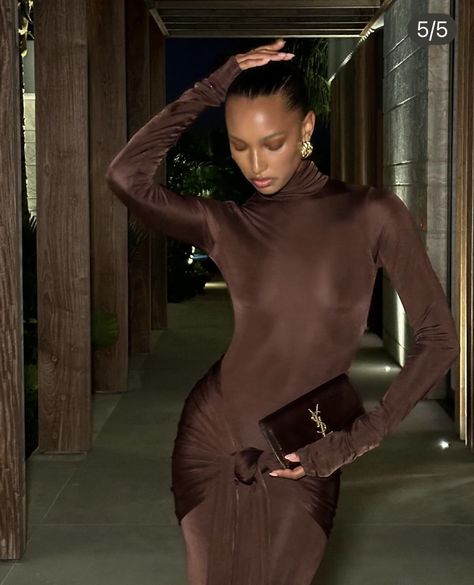 Brown Birthday Outfit, Aesthetic Simple Makeup, Makeup Ideas For Brown Skin, Dark Brown Turtleneck, Brown Dresses Outfit, Wrap Dress Outfit, Simple Makeup Ideas, Dress Date Night Outfit, Winter Gowns