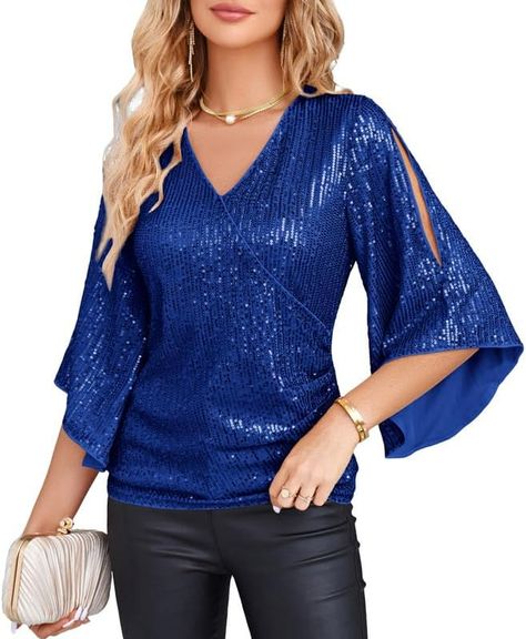 Blue V-neck Tops For Party, V-neck Shimmer Tops For Party Season, Formal V-neck Sequin Tops, Elegant Blue Sequined Tops, Tops For Party, Glamorous Blue Sequined Tops, Plus Size Christmas Tops, Red Sequin Top, Red Top Women