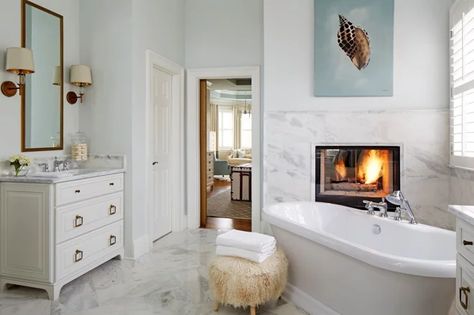 10 Destination Bathtubs for the Ultimate Soak Bathrooms Luxury, White Bathroom Designs, Bathroom Fireplace, Master Bathrooms, Transitional Bathroom, Custom Bathroom, Bathroom Pictures, Dream Bathrooms, Bathroom Layout