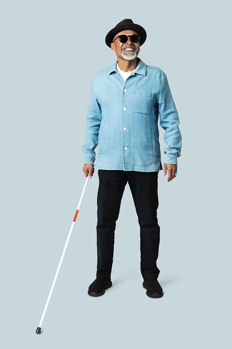 Blind senior man with a cane mockup  | premium image by rawpixel.com / McKinsey Blind Person, Man Full Body, Render People, White Cane, Walking People, Idea Board, We Made It, Walking Stick, Old People