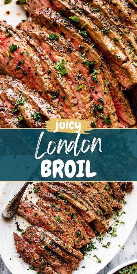 This Marinated London Broil Steak is unbelievably tender and juicy. A mix of herbs, spices, Worcestershire sauce, soy sauce, and apple cider vinegar comes together to create the tastiest London Broil recipe you'll ever have. London Broil Recipes Marinade, Marinated London Broil Recipes, London Broil With Garlic Herb Butter, London Broil Salad, Bbq London Broil Recipes, London Broil Marinade Grill, London Broil Marinade Easy, Baked London Broil Recipes, Cast Iron London Broil