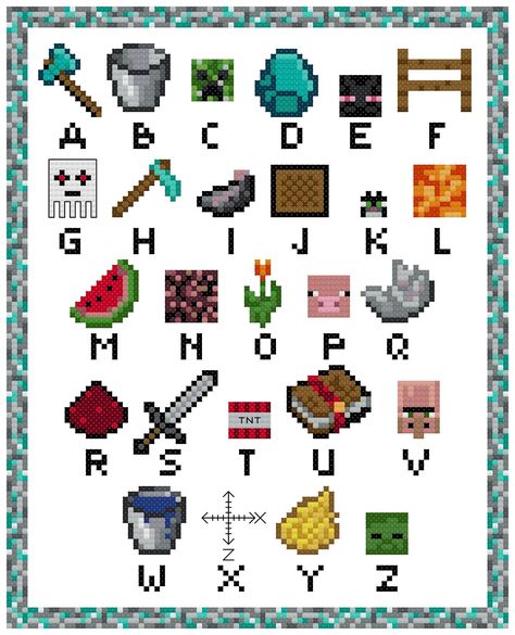 NERDpillo Handmade: Minecraft ABC's Free Cross Stitch Pattern Minecraft Mobs, Minecraft Birthday, Minecraft Party, Minecraft Crafts, Cross Stitch Patterns Free, Free Cross Stitch, Counted Cross Stitch, Cross Stitch Pattern, Cross Stitch Embroidery