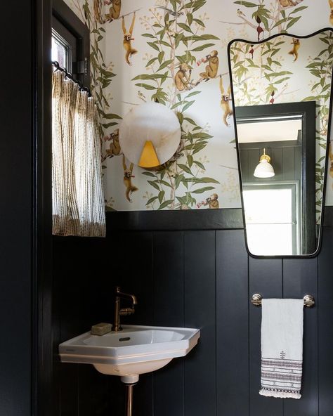 Bathroom • Instagram Over The Tub Chandelier, Half Bathroom Ideas Wallpaper, Bathroom Ideas Wallpaper, Tub Chandelier, Drunken Monkey, Half Bathroom Ideas, Half Bathroom Design, Black Powder Room, Beautiful Powder Rooms