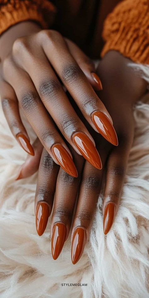 31 Popular Fall Nail Ideas that Scream Cozy Autumn Vibes Fall Almond Acrylic Nails Designs, Pumpkin Colored Nails, Autumnal Nail Art, Rust Color Nails Designs, Fall Nails Pedicure, Fall Designs Nails, Nails September 2024, September 2024 Nails, September Pedicure Colors