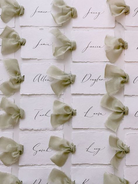 Wedding Place Cards with Sage Green Silk Ribbon Handmade Paper Place Cards, Wedding Seating Cards, Cards On The Table, Vellum Cards, Wedding Name Cards, Wedding Tablescape, Seating Cards, Paper Place, Wedding Name