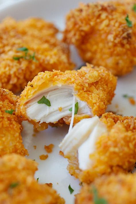 Tortilla Chip-crusted Chicken Bites - coated with crispy tortilla chips and baked to perfection. 10 minutes active time and dinner is ready! | rasamalaysia.com Tortilla Chip, Recipe Notebook, Chicken And Chips, Tailgating Recipes, Burger Bar, Crusted Chicken, Chicken Bites, Tortilla Chips, Tortillas