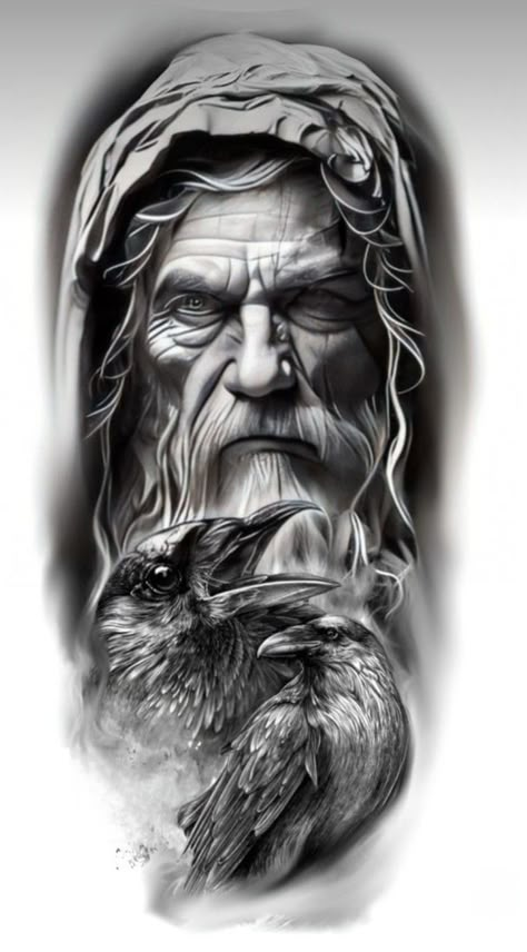 Tattoo Odin, Infinity Tattoo With Feather, Norse Tattoos, Viking Warrior Tattoos, Wizard Tattoo, Black White Tattoos, Statue Tattoo, Animal Tattoo Ideas, Scary Tattoos