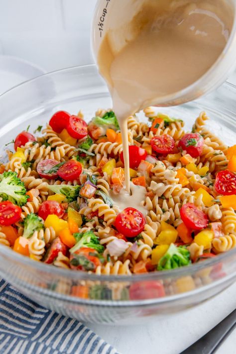 Tahini Pasta Salad Tahini Pasta Salad, Bean Salad Dressing, Tahini Pasta, Healthier Alternatives, Chickpea Pasta, Cold Pasta Salad, Sugar Free Vegan, Cold Pasta, Fun Salads