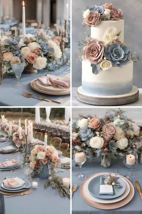 Beautiful Dusty Rose and Dusty Blue Wedding Color Ideas to Help Inspire You - Francisca's Bridal Winter Pastel Palette, Ash Blue Wedding, Unique Wedding Color Schemes Spring, Rose And Dusty Blue Wedding, Dusty Rose Wedding Theme, Blue Wedding Color Palette, Wedding Color Palette Ideas, Rose Wedding Theme, Wedding Theme Color Schemes