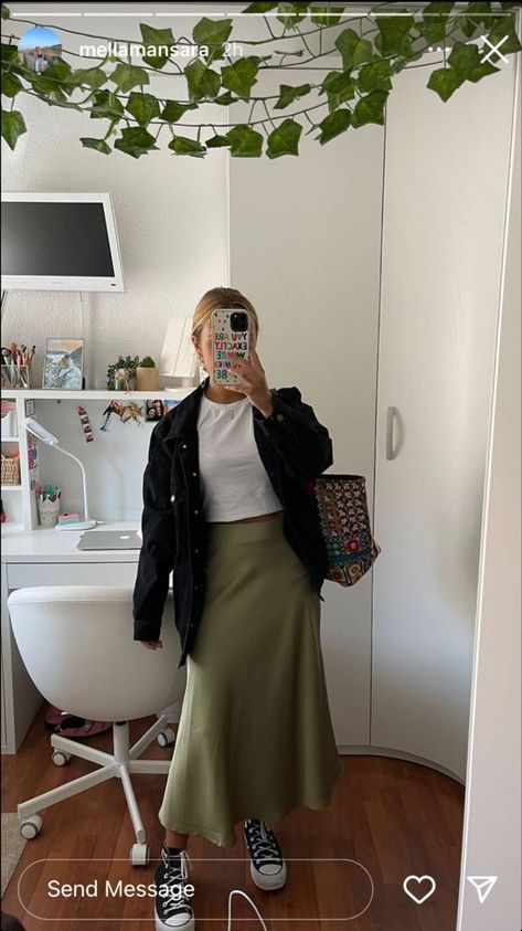 Midi Skirt Modest Outfit, Silk Long Skirts Outfit, Green Midi Skirt Outfit Fall, Sage Green Silk Skirt Outfit, Silky Green Skirt Outfit, Outfit Ideas With Green Skirt, Work Outfit Midi Skirt, Green Midi Skirt Outfit Winter, Green Knit Skirt Outfit