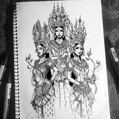 Apsara Tattoo, Ankor Watt, Tattoo Khmer, Khmer Tattoo, Khmer Empire, Be Productive, Thai Art, Easy Yoga, Pencil Art Drawings