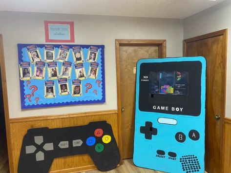 Gamer Classroom Theme, Teacher Door Decor, Teacher Door, Vbs 2023, School Doors, Retro Video Games, Book Fair, Classroom Themes, Summer Reading