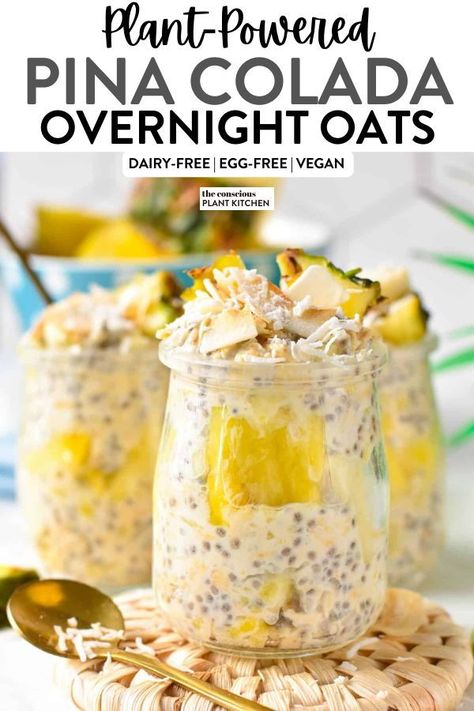 This Pina Colada Overnight Oats is a dream healthy breakfast with delicious tropical flavors from coconut and pineapple.If you are a Pina colada lover, this healthy breakfast recipe is for you. Pina Colada Overnight Oats, Overnight Chia Oats, Chia Oats, Vegan Chocolate Frosting, Overnight Chia, Refreshing Breakfast, Banana Chocolate Chip Cookies, Morning Meals, Easy Overnight Oats