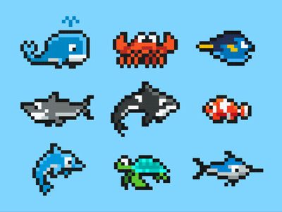 Sea Animals pixel art by Tibo (blue whale, crab, Dory fish, shark, orca, Nemo clown fish, dolphin, sea turtle, mackarel mackeral swordfish) Sea Creature Pixel Art, Pixel Art Creature, Animal Pixel Art, Pixel Animals, Grille Pixel Art, Pixel Art Animals, How To Pixel Art, Image Pixel Art, Pixel Characters