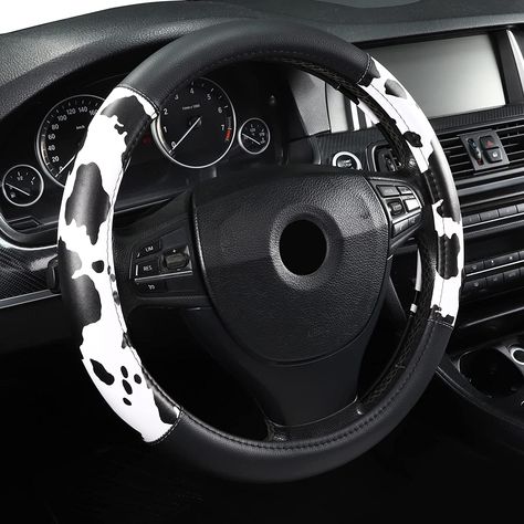 Microfiber Leather 15" Universal Fit Car Steering Wheel Cover, Elastic Nonslip Breathable and Odorless, Cow Pattern Cow Steering Wheel Cover, Cow Print Steering Wheel Cover, Car Wheel Cover, Black Cow, Cute Car Accessories, Car Steering Wheel Cover, Car Steering Wheel, Fit Car, Cow Pattern