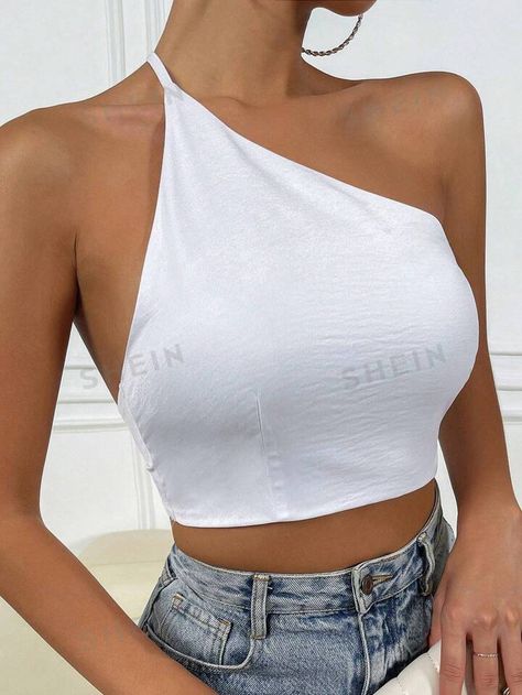 SHEIN BAE Top Corto De Cuello Halter Asimétrico De Color Sólido Para Mujer Con Espalda Abierta Y Lazo En La Parte Posterior | SHEIN USA Tie Back Crop Top, Top With Open Back, Back Women, Women Tops, Tie Backs, Tie Back, Halter Neck, Pretty Outfits, Neck Tie