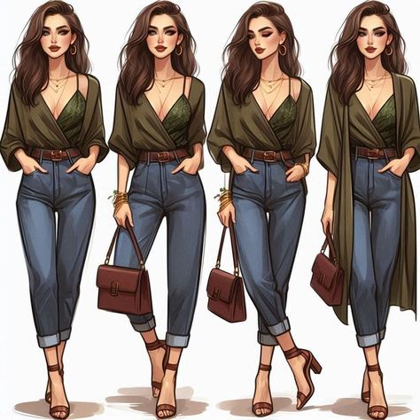 Outfit For Clubbing, Female Wears, Journal 2025, Brown Strappy Heels, Nature Outfits, Fashion Show Poster, Bracelet Bag, Green Kimono, Hair Stores