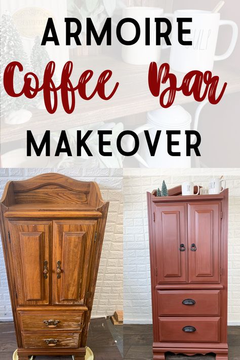 Armoire Coffee Bar, Coffee Display, Armoire Bar, Furniture Painting Tutorial, Coffee/wine Bar, Coffee Cabinet, Armoire Makeover, Coffee Diy, Diy Coffee Bar