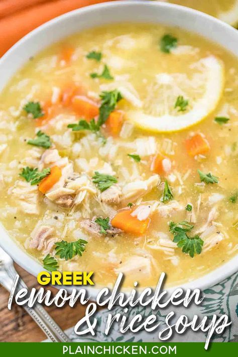 Low Fat Greek Lemon Chicken & Rice Soup - seriously the most delicious chicken soup EVER! Ready in 20 minutes! Chicken, chicken broth, carrots, celery, Greek seasoning, cream of chicken soup, garlic, lemon juice, and rice. Made this for dinner and everyone could not stop raving about it! We make this at least twice a month now. Can freeze leftovers. #chickensoup #soup Lemon Chicken Rice Soup, Lemon Chicken Rice, Lemon Rice Soup, Greek Lemon Rice, Greek Lemon Chicken Soup, Low Fat Chicken, Lemon Soup, Lemon Chicken Soup, Rice Soup Recipes