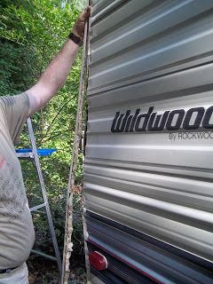 Rv Repair Exterior, Remodeled Rv, Vintage Camper Redo, Trailer Updates, Camper Exterior, Rv Skirting, Trailer Redo, Vintage Trailer Remodel, Camper Vintage