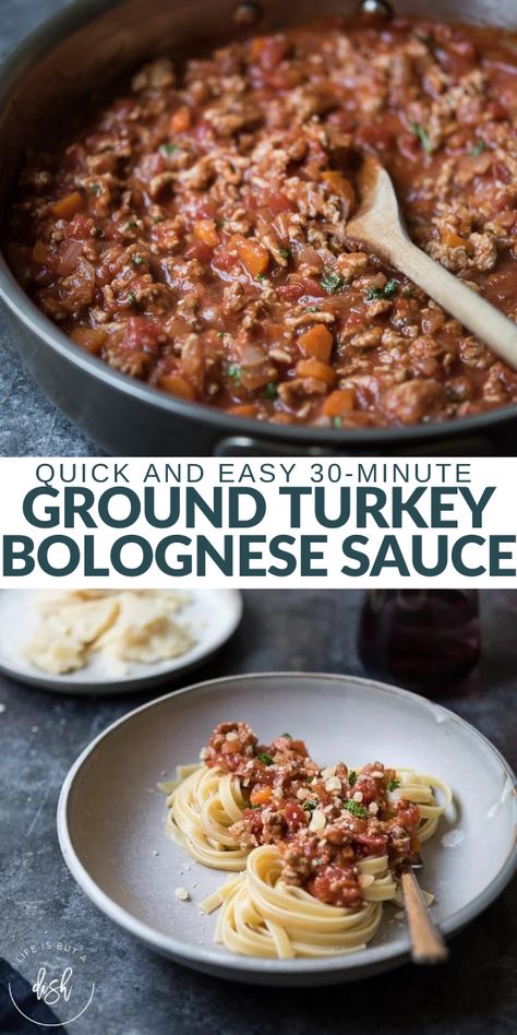 Easy quick dinner recipes are my specialty and this ground turkey Bolognese fits the bill! The pasta sauce tastes like it has been simmering for hours but is ready in just 30 minutes! Serve with thick fettuccine noodles, enjoy! Ground Turkey Red Sauce Pasta, Spaghetti Sauce With Ground Turkey, Ground Turkey Bolognese Sauce, Ground Turkey Pasta Sauce, Turkey Spaghetti Recipes, Ground Turkey Sauce, Turkey Spaghetti Sauce, Ground Turkey Bolognese, Turkey Bolognese Sauce