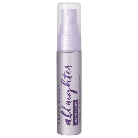 Mini Ultra Glow All Nighter Setting Spray - Urban Decay | Sephora Ultra Makeup, Shimmer Bronzer, All Nighter Setting Spray, Urban Decay All Nighter, Glow Face, Shake Bottle, All Nighter, Makeup Setting Spray, Wet Brush