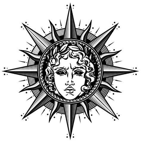 Apollo Sun God Symbol Greek Apollo Tattoo, Apollo God Tattoo, Apollo Sun Tattoo, Apollo Tattoo Symbols, Apollo Tattoo Greek God, Apollo Tattoos, Apollo Illustration, Sun God Tattoo, Helios Tattoo