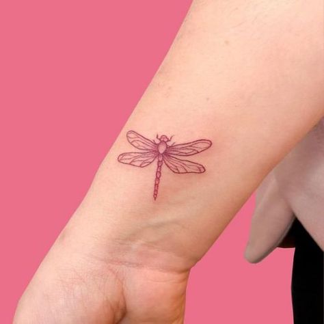 Pink Dragonfly Tattoo, Red Dragonfly Tattoo, Unique Dragonfly Tattoo, Red Tattoo Designs, Lisbon Tattoo, Dragonfly Tattoos, Small Dragonfly Tattoo, Dragonfly Tattoo Design, Pink Dragonfly