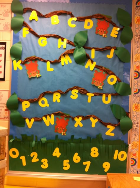 PRESCHOOL Alphabet & Number monkey bulletin board Alphabet Charts For Classroom Decoration, Alphabet Chart Ideas For Preschool, Alphabet Hanging In Classroom, Number Bulletin Board Preschool, Alphabet Display Preschool, Number Charts For Preschool Classroom, Alphabet Chart Preschool Classroom, Preschool Classroom Decor Themes Ideas Bulletin Boards, Alphabet Bulletin Board Ideas