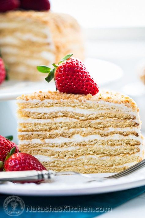 8-Layer Honey Cake Recipe (Medovik) | Natasha's Kitchen | Bloglovin’ Medovik Recipe, Russian Honey Cake, Honey Cake Recipe, Russian Desserts, Russian Cakes, Easy Frosting, Armenian Recipes, Food Photoshoot, Baking With Honey