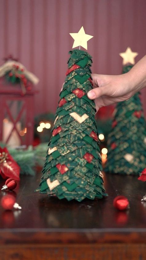 Facebook Sewing Room Christmas Tree, Fabric Covered Christmas Trees, No Sew Quilted Christmas Tree, 3d Fabric Christmas Tree, No Sew Christmas Tree, Material Christmas Trees, Folded Fabric Christmas Tree, Jelly Roll Christmas Tree, Fabric Trees Christmas Diy