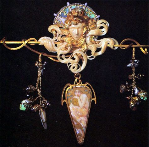 Corsage ornament made in 1900 by Alphonse Mucha and Georges Fouquet for the Exposition Universelle in Paris. Bijoux Art Deco, Alphonse Mucha Art, Bijoux Art Nouveau, Mucha Art, Alfons Mucha, Decorative Mouldings, Art Nouveau Jewelry, Alphonse Mucha, Deco Jewelry